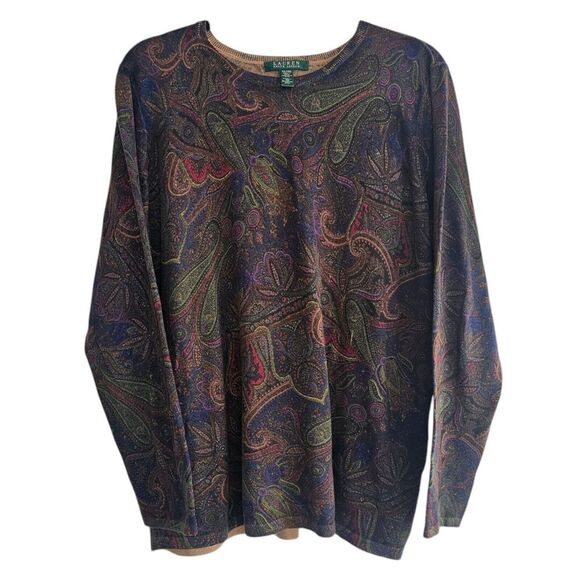 Lauren Ralph Lauren Sweaters - Lauren Ralph Lauren 1X Silk Blend Knit Top Long Sleeve Paisley Crew Neck Preppy